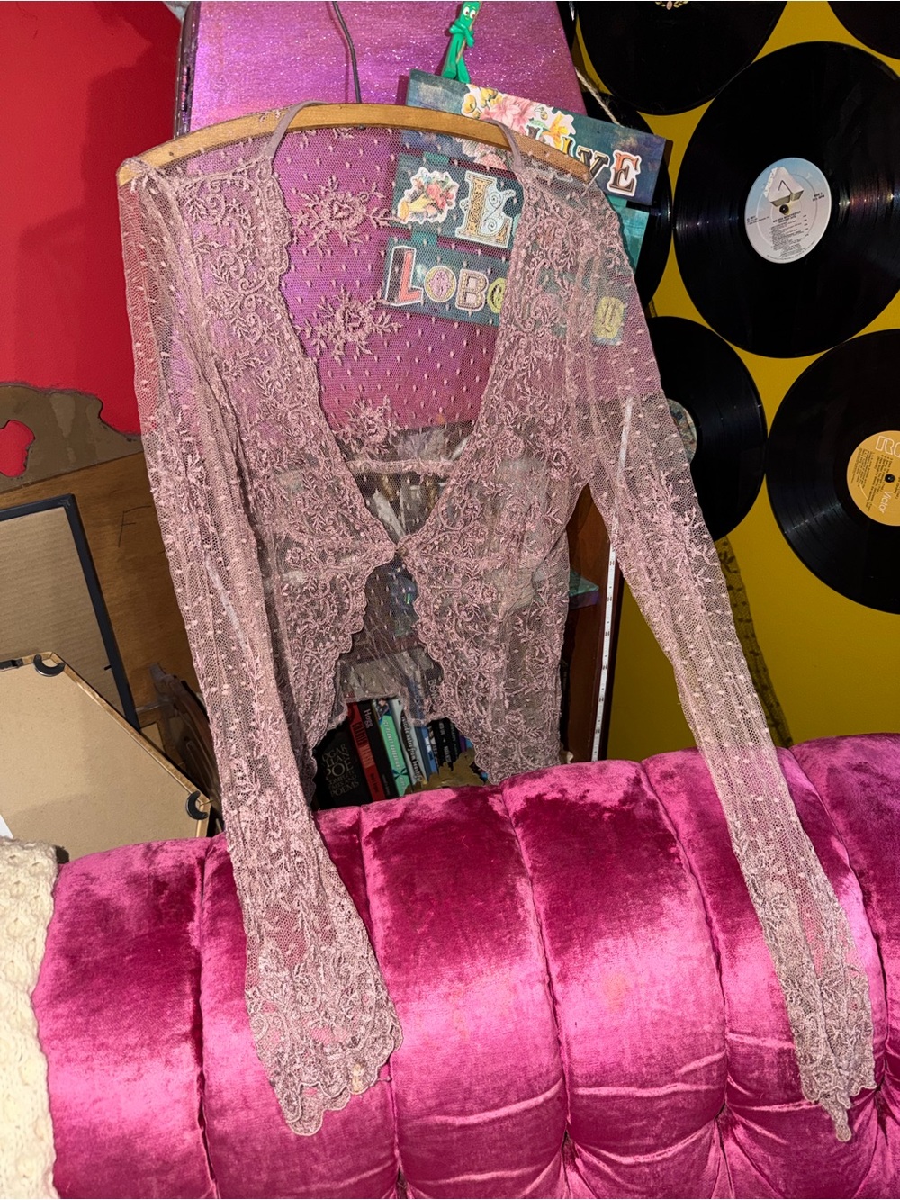 Sheer Lace Long-Sleeve Shrug - Mauve Pink